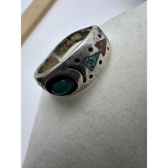Navajo Coral & Turquoise Chip Sterling Silver Shadowbox Ring Sz 8.75 Signed MD - Picture 5 of 9